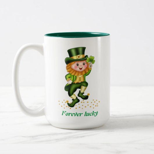 Forever Lucky Green Gnome & Monogram Tweekleurige Koffiemok (Links)