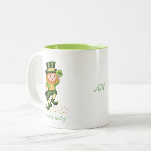 Forever Lucky Green Gnome & Monogram Tweekleurige Koffiemok (Voorkant links)