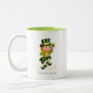 Forever Lucky Green Gnome & Monogram Tweekleurige Koffiemok