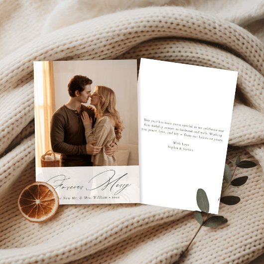 Forever Merry Our First Christmas Newlywed Photo Feestdagenkaart