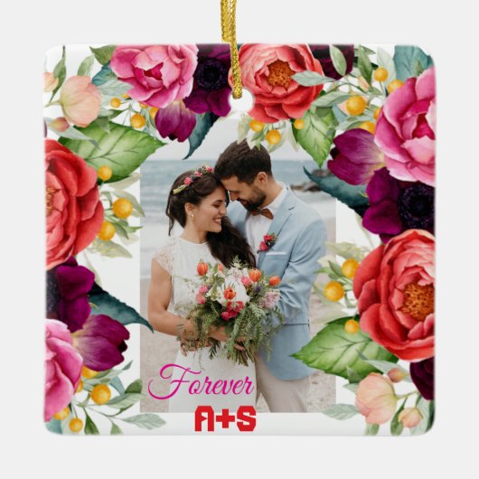 Forever Roos Bloemen Gepersonaliseerde Koppels Fot Keramisch Ornament (Voorkant)