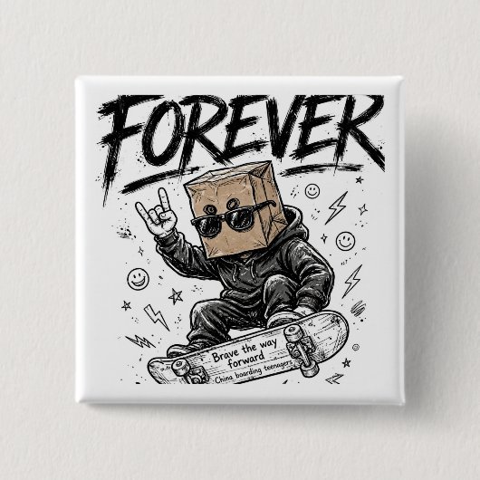 Forever Skateboard Papieren Zak Hoofd Vierkante Button 5,1 Cm (Voorkant)