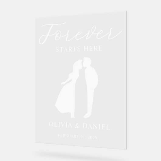 Forever Starts Here Elegant Script Wedding Welcome Acryl Bord (Hoek)