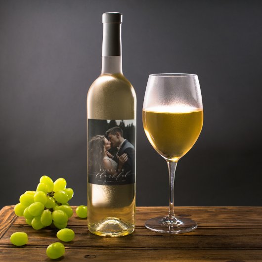 Forever Thankful White Script Photo Weddenschap Wijn Etiket