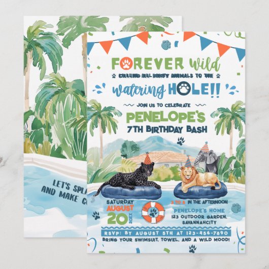 Forever Wild Animals Pool Party Verjaardag Kaart (Voorkant / Achterkant)