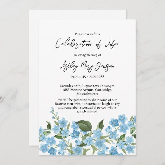 Forget me not Celebration of Life Funeral Kaart (Voorkant / Achterkant)