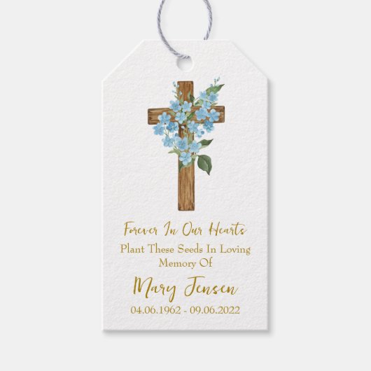 Forget me not Cross Memorial Funeral Seed Packet Cadeaulabel (Voorkant)