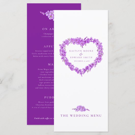Forget-me-not heart purple white wedding menus menu (Voorkant / Achterkant)