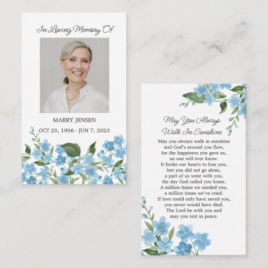 Forget me not Memorial Photo Funeral Prayer Card Visitekaartje (Voorkant / Achterkant)