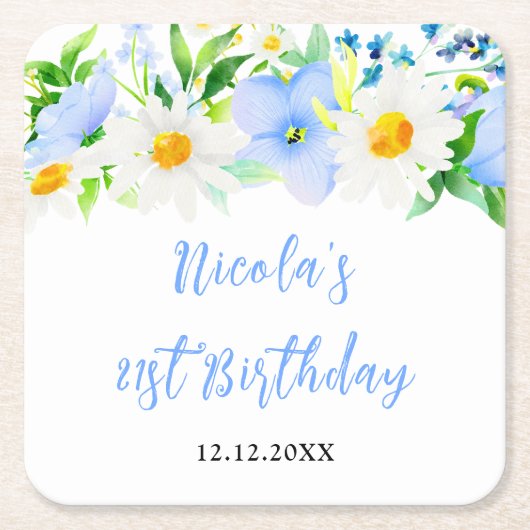 Forget-Me-Nots and Daisies Floral Birthday Kartonnen Onderzetters (Voorkant)