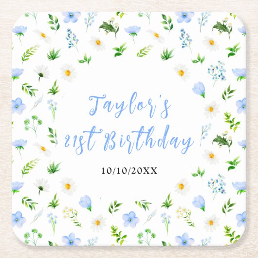 Forget-Me-Nots and Daisies Floral Birthday Kartonnen Onderzetters (Voorkant)