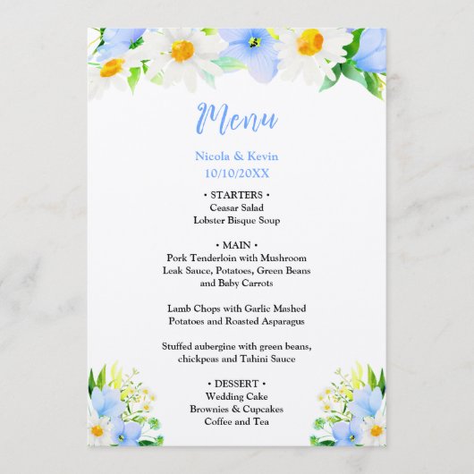 Forget-Me-Nots and Daisies Floral Wedding Menu (Voorkant)