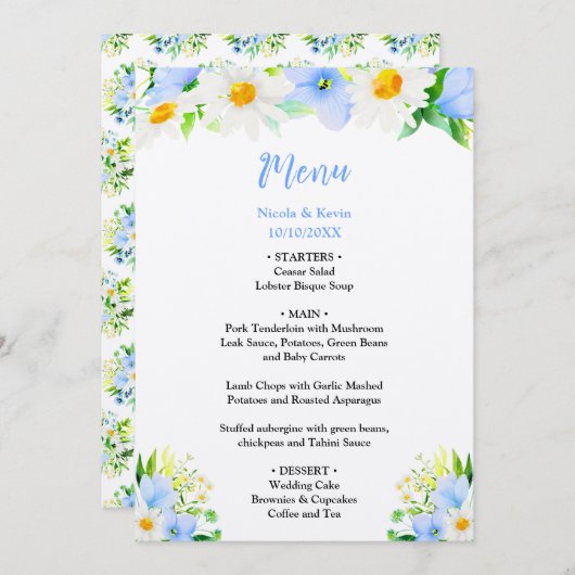 Forget-Me-Nots and Daisies Floral Wedding Menu (Voorkant / Achterkant)