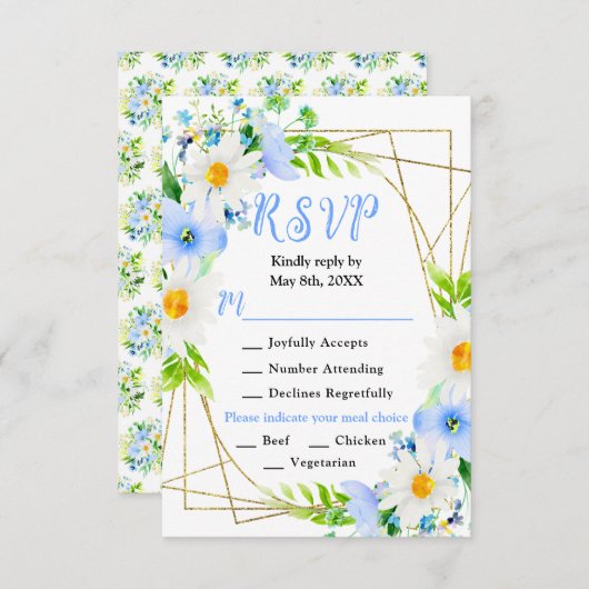 Forget Me Nots and Daisies Wedding RSVP Kaartje (Voorkant / Achterkant)
