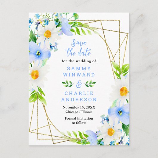 Forget Me Nots and Daisies Wedding Save The Date Briefkaart (Voorkant)