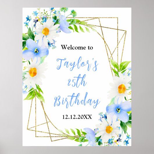 Forget-Me-Nots Daisies Birthday Party Welcome Sign Poster (Voorkant)