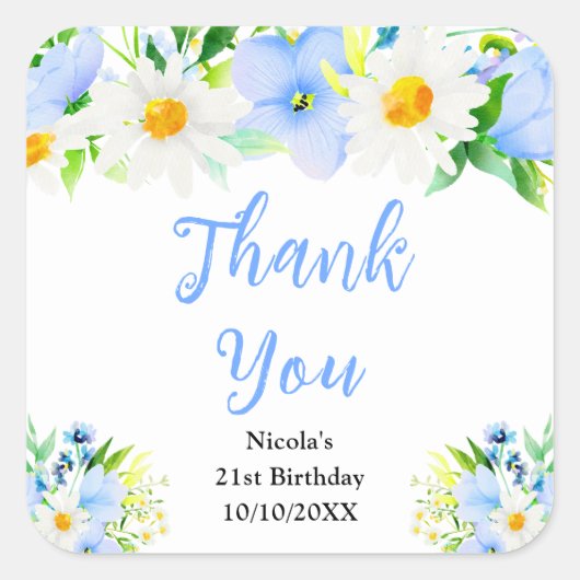 Forget-Me-Nots Daisies Birthday Thank You Vierkante Sticker (Voorkant)
