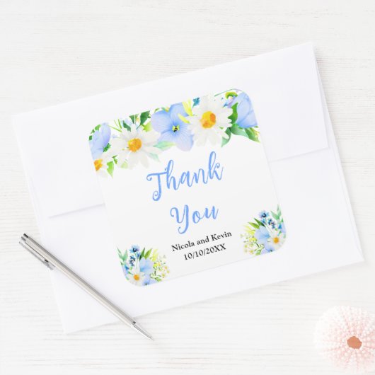 Forget-Me-Nots Daisies Floral Wedding Thank You Vierkante Sticker (Envelop)