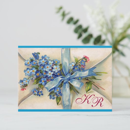 FORGET ME NOTS MONOGRAM BRUILOFT RSVP blauw zilver (Staand voorkant)