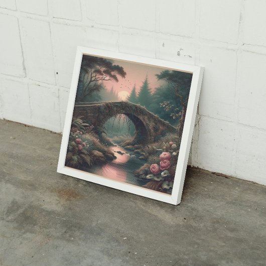 Forgotten Ivy Bridge in Twilight Misty Forest Canvas Afdruk