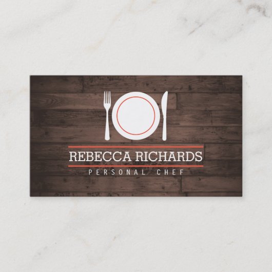 Fork, Bord, Knife Logo op rustieke houtnerf Visitekaartje (Voorkant)