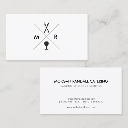 FORK- EN KNIFE-LOGO-MONOGRAM OP WITTE VISITEKAARTJE (Voorkant / Achterkant)