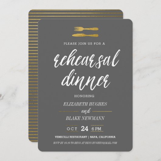 Fork & Knife Faux Foil Rehearsal Dinner Invite Kaart (Voorkant / Achterkant)