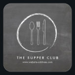 FORK SPOON KNIFE CHALKBOARD LOGO VIERKANTE STICKER<br><div class="desc">Coördinaten met de FORK SPOON KNIFE CHALKBOARD LOGO voor het malplaatje van de Bedrijfskaart van het Restaurant. Robuuste en actuele identiteit voor uw op voedsel gebaseerde bedrijf. Tekening van lepel, vork en mes, gecentreerd in een met de hand getekende cirkel op de achtergrond van het karton. Ideaal voor persoonlijke chef-koks,...</div>