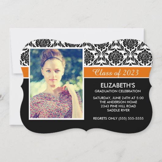 Formal 2014 Black White Damask Photo Afstuderen Kaart (Voorkant)