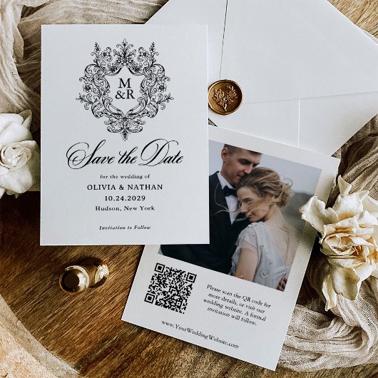 Formal Antique Crest | Photo and QR Code Save The Date