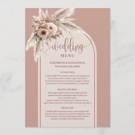 Formal Arch Pastel Pink Pampas Floral Wedding Menu (Voorkant)