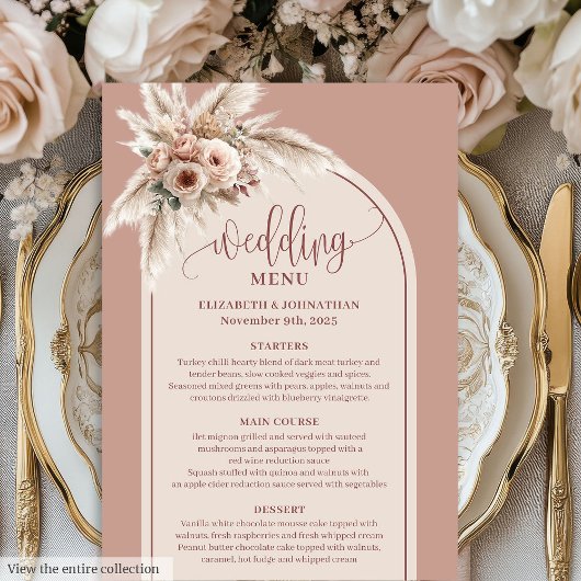 Formal Arch Pastel Pink Pampas Floral Wedding Menu