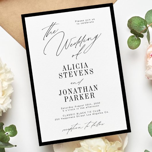 Formal black and white classic typography wedding kaart
