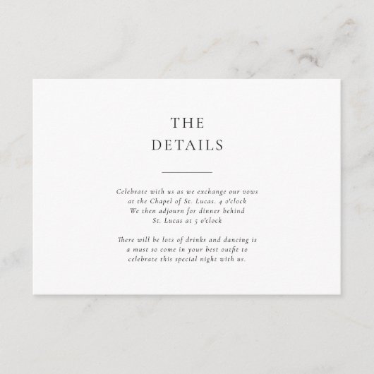 Formal Black and White Wedding Details Informatiekaartje (Voorkant)