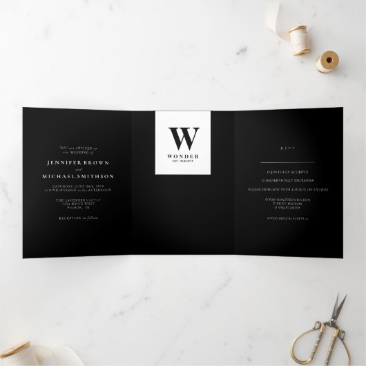 Formal Black Modern Monogram Design Wedding Drieluik Kaart (Binnen)