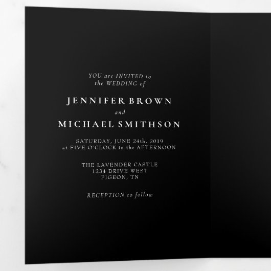Formal Black Modern Monogram Design Wedding Drieluik Kaart (Binnenzijde eerst)