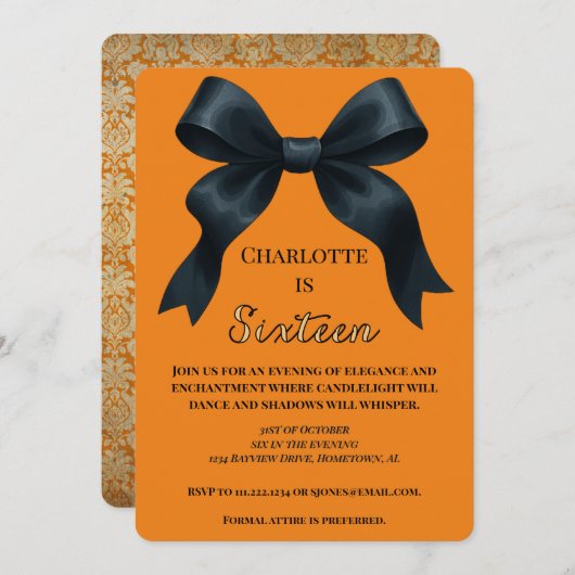 Formal Bow Halloween Birthday Invite - Orange Kaart (Voorkant / Achterkant)