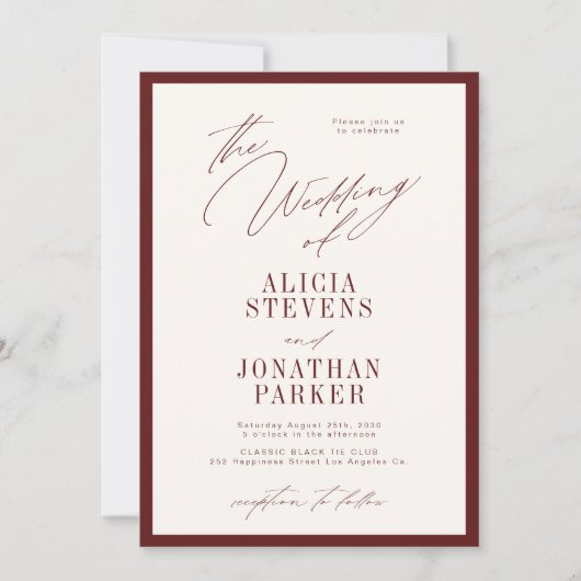 Formal burgundy ivory classic typography wedding kaart (Voorkant)