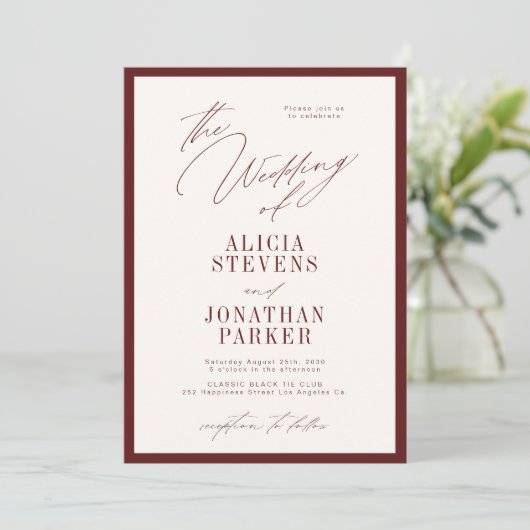 Formal burgundy ivory classic typography wedding kaart (Staand voorkant)