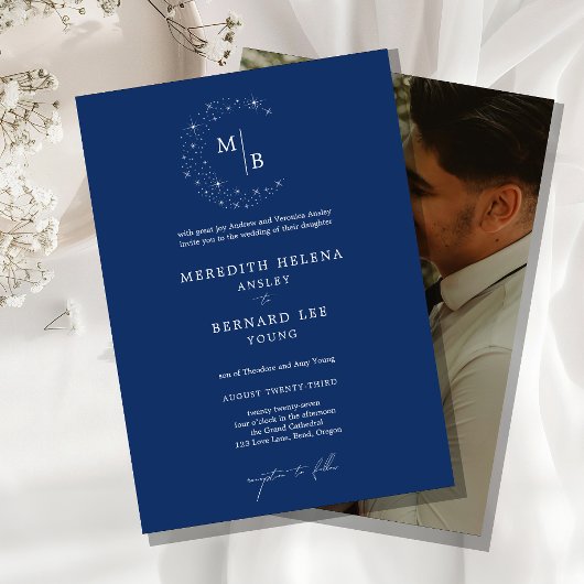 Formal Celestial Elegant Monogram Wedding Photo Kaart