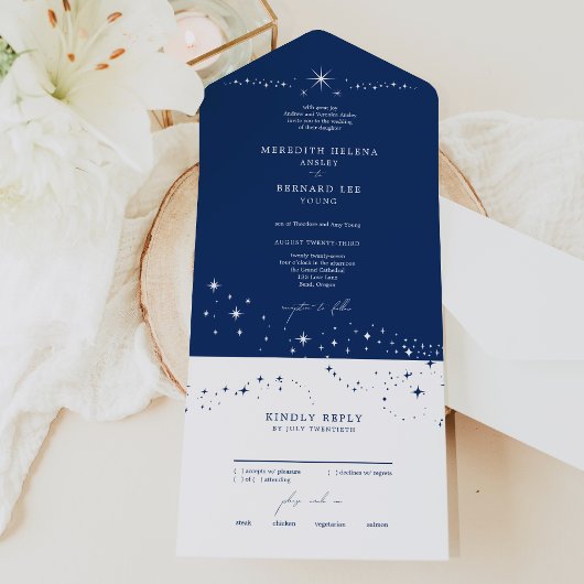 Formal Celestial Elegant Wedding Navy Blue All In One Uitnodiging