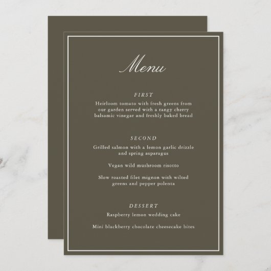 Formal Classic Border Olive Script Elegant Wedding Menu (Voorkant / Achterkant)