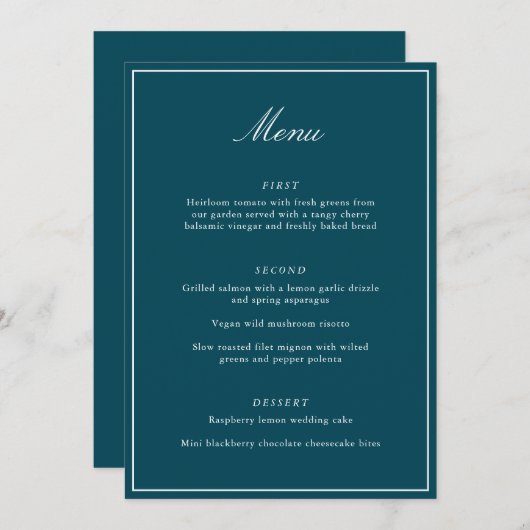 Formal Classic Border Teal Script Elegant Wedding Menu (Voorkant / Achterkant)