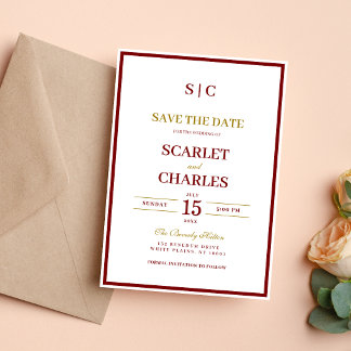 Formal Classic Burgundy & Gold Monogram Wedding Save The Date