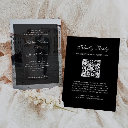 Formal Classic Dark Overlay QR Code Photo Wedding Kaart