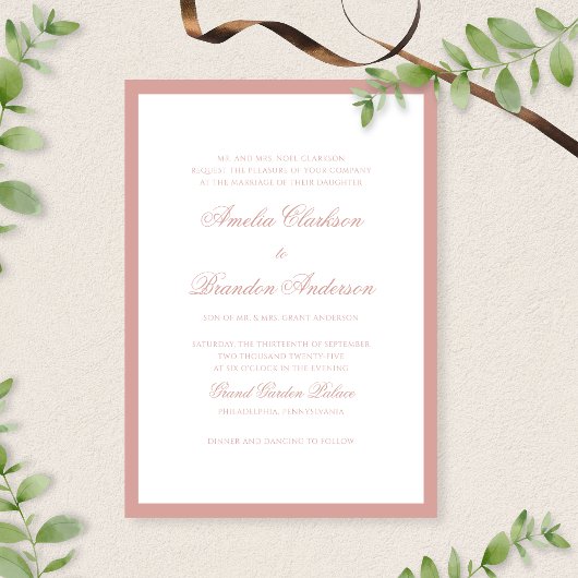 Formal Classic Dusty Rose Border Script Wedding Kaart