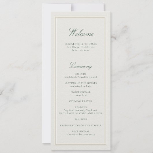 Formal Classic Green Ecru Frame Wedding Program (Voorkant)