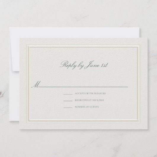Formal Classic Green Elevated Ecru Wedding RSVP (Voorkant)
