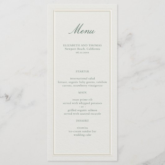 Formal Classic Green Elevated Frame Ecru Wedding Menu (Voorkant)