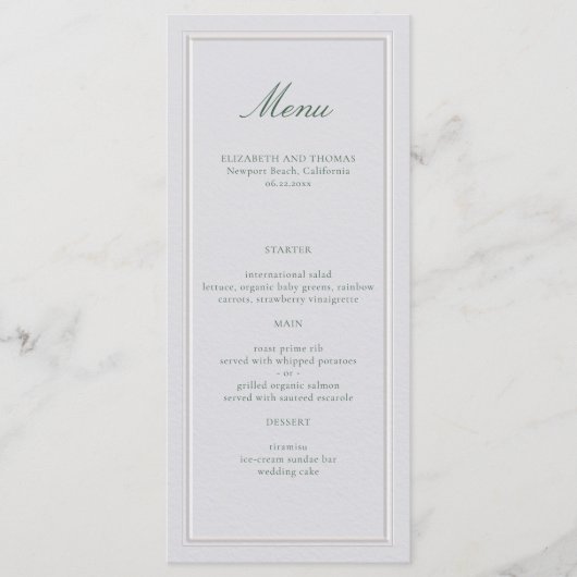 Formal Classic Green Elevated Frame Ivory Wedding Menu (Voorkant)